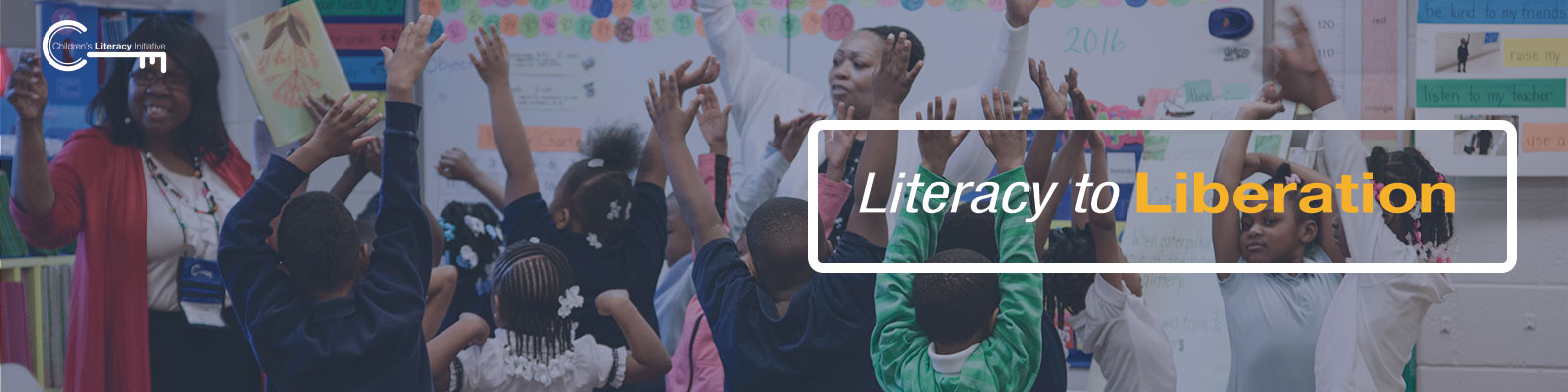 Literacy to Liberation LinkedIn Banner - Group of African American children raising their hands with their teachers and coach
