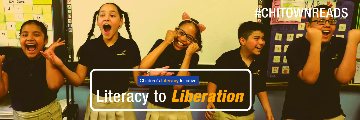 ChitownReads Facebook banner - African American child reading book with teacher